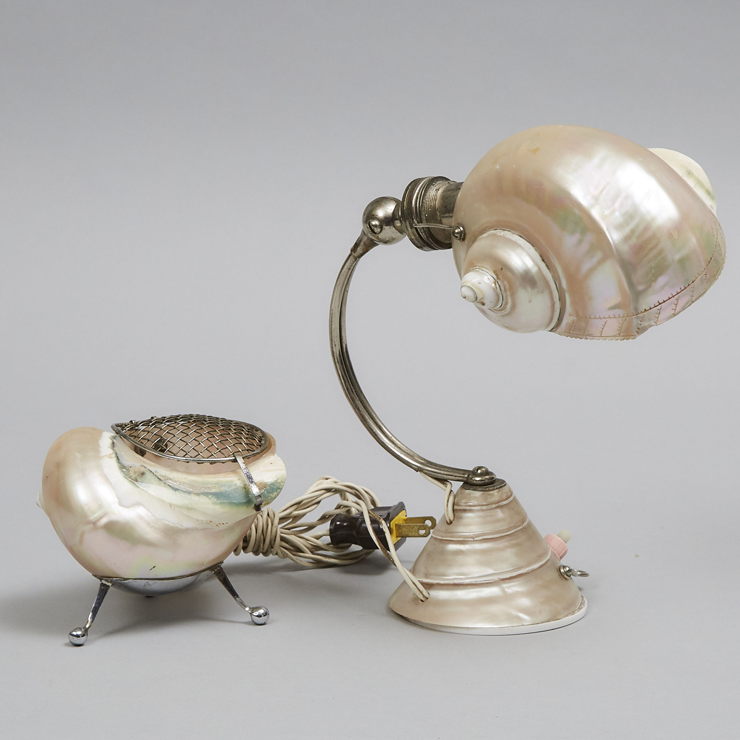 A French Nacre (Sea Shell) Vanity Lamp and a Pot Pourri, mid 20th century