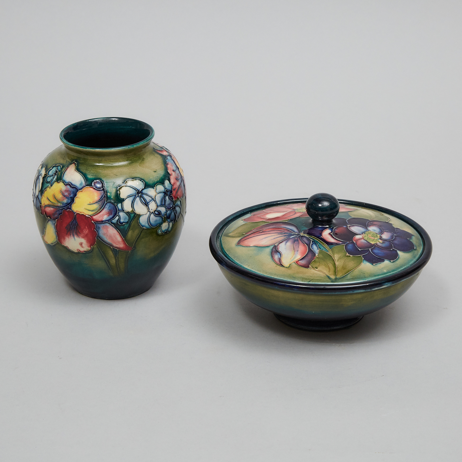 Moorcroft Orchids Vase and Clematis Jar, c.1940