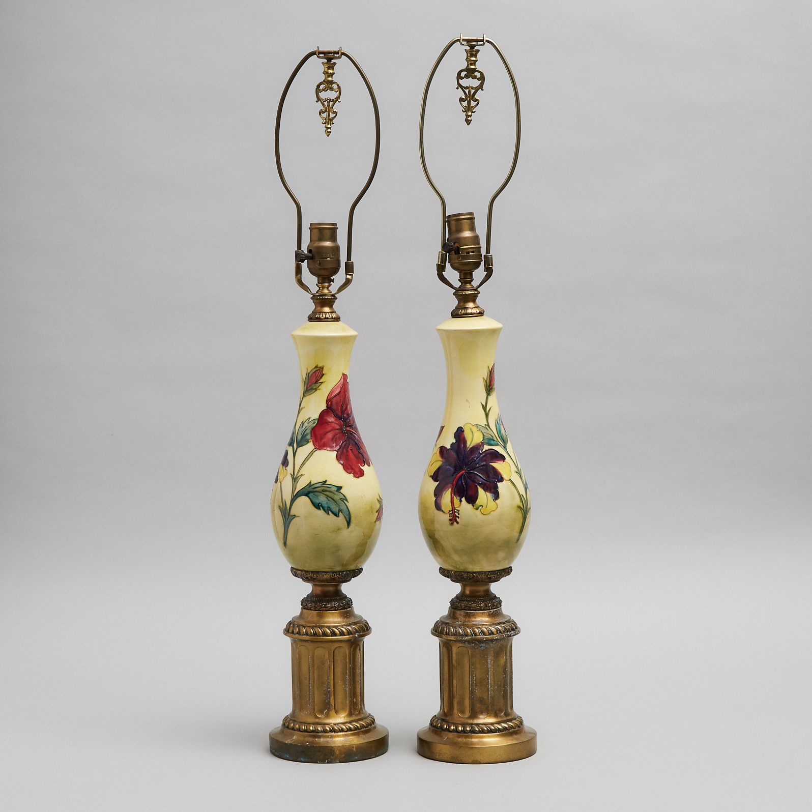Pair of Moorcroft Hibiscus Lamps, 20th century