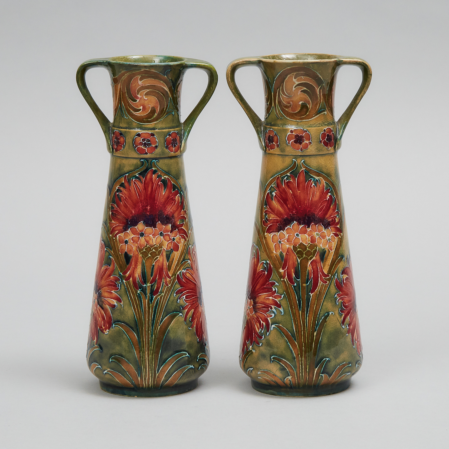 Pair of Macintyre Moorcroft Two-Handled Cornflower Vases, c.1910
