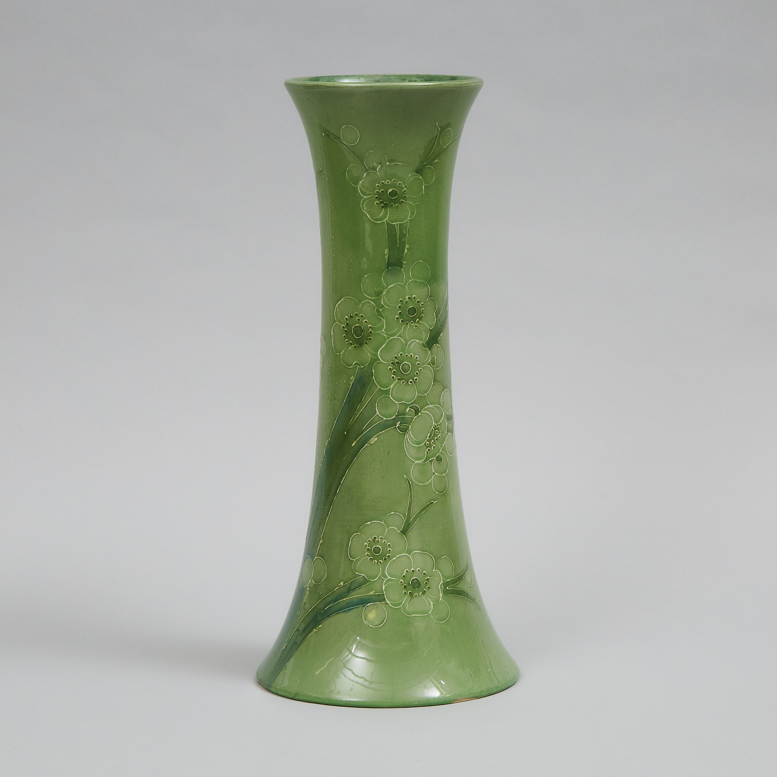 Moorcroft Green Glazed Prunus Vase, for Spaulding & Co., c.1910