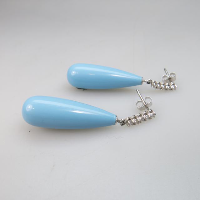 Pair Of 14k White Gold And Turquoise Drop Earrings