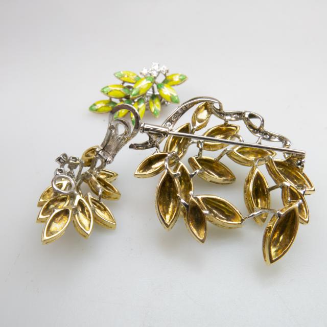 Italian 18k Yellow And White Gold Spray Brooch And A Pair Of Clip-Back Earrings