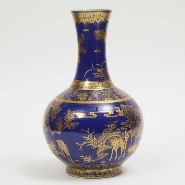 A Blue Ground ‘Deer and Monkey’ Vase, Guangxu Mark