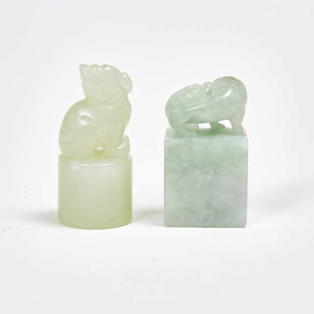 A White Jade Carved 'Beast' Seal, together with a Jadeite Carved 'Beast' Square Seal