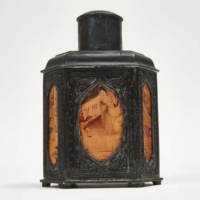 A Chinese Pewter Hexagonal Tea Caddy With Painted Panels, together with a Gilt Black Lacquer Painted Temple Panel and a Pierced Oval Wood Frame, Late Qing Dynasty