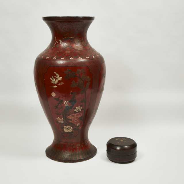 A Massive Cinnabar Lacquer Vase, together with a Cinnabar Box and Cover