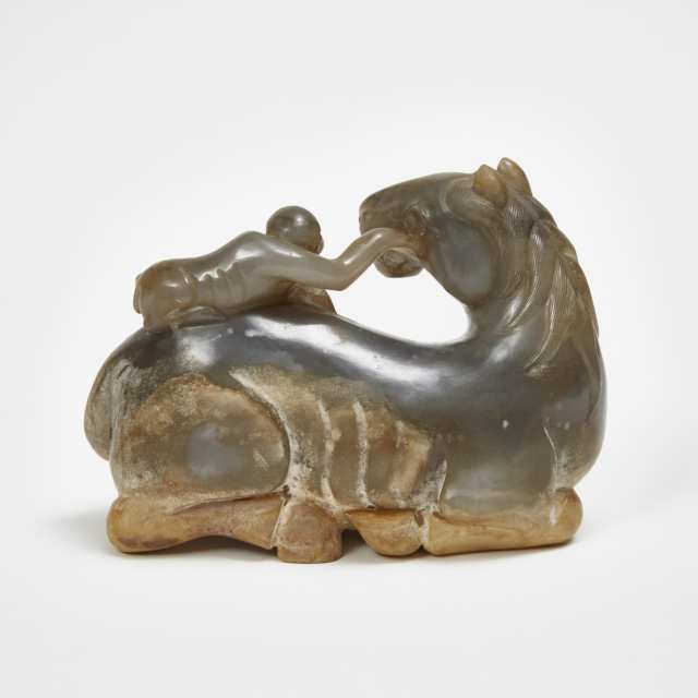 A Large Grey and Russet Jade Carved 'Horse and Monkey' Group