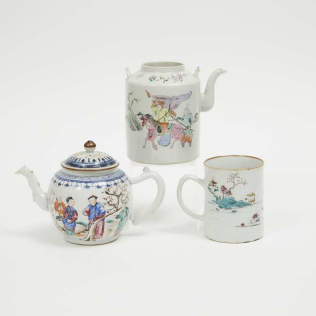 A Group of Three Chinese Export Teapots and Mug, 18th Century or Later