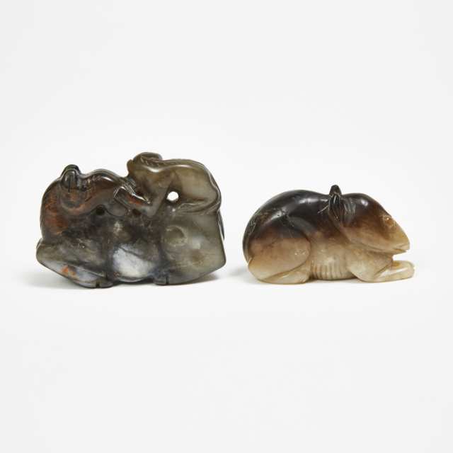 A Black and Russet Jade Carving of Monkey and Horse Group, together with a Black and Russet Jade Carving of a Rabbit
