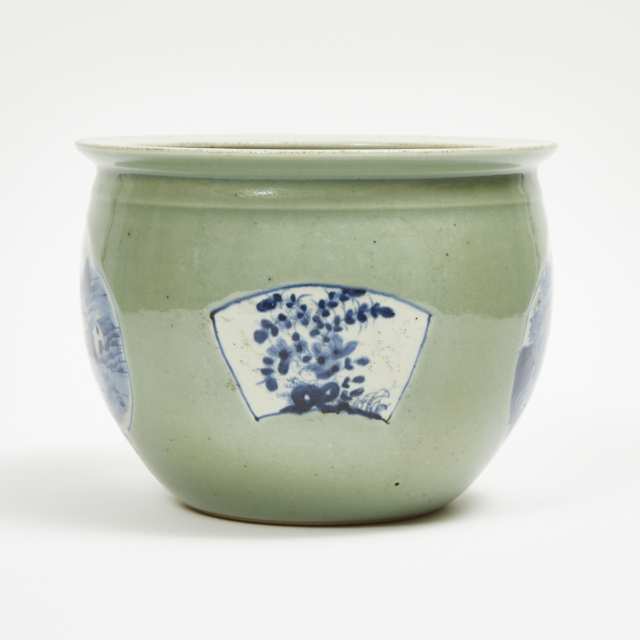 A Large Celadon Ground Blue and White Fishbowl, Qing Dynasty