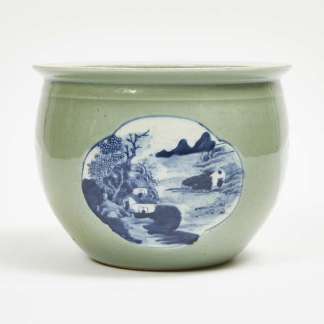A Large Celadon Ground Blue and White Fishbowl, Qing Dynasty