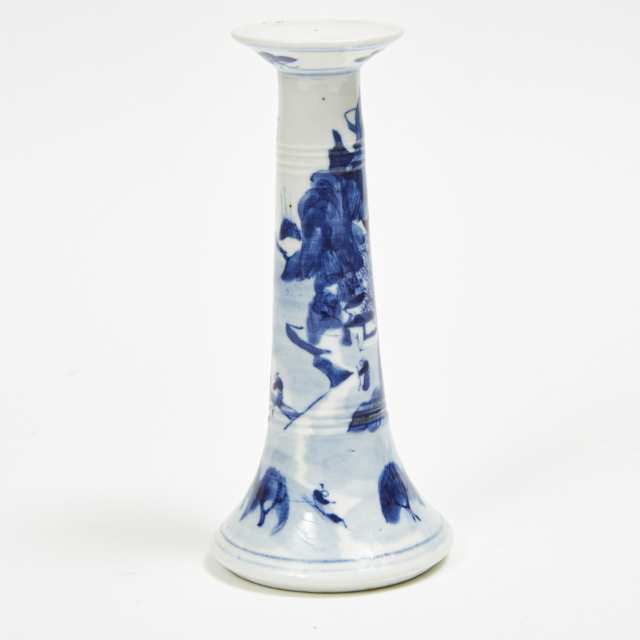 A Rare Blue and White 'Landscape' Export Porcelain Candlestick, Possibly Kangxi Period, 18th Century 