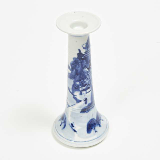 A Rare Blue and White 'Landscape' Export Porcelain Candlestick, Possibly Kangxi Period, 18th Century 