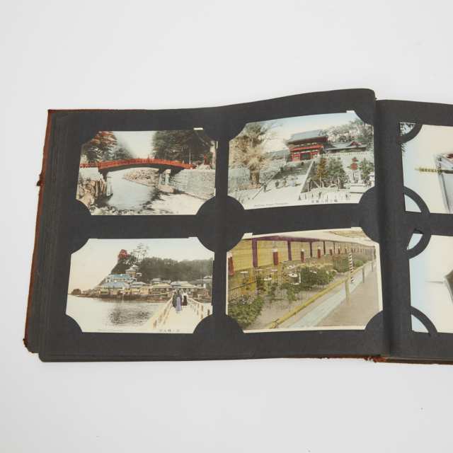 A Photo Album Containing Sixty-Seven Tinted Black and White Photograph Postcards of Japan and the World, Early 20th Century