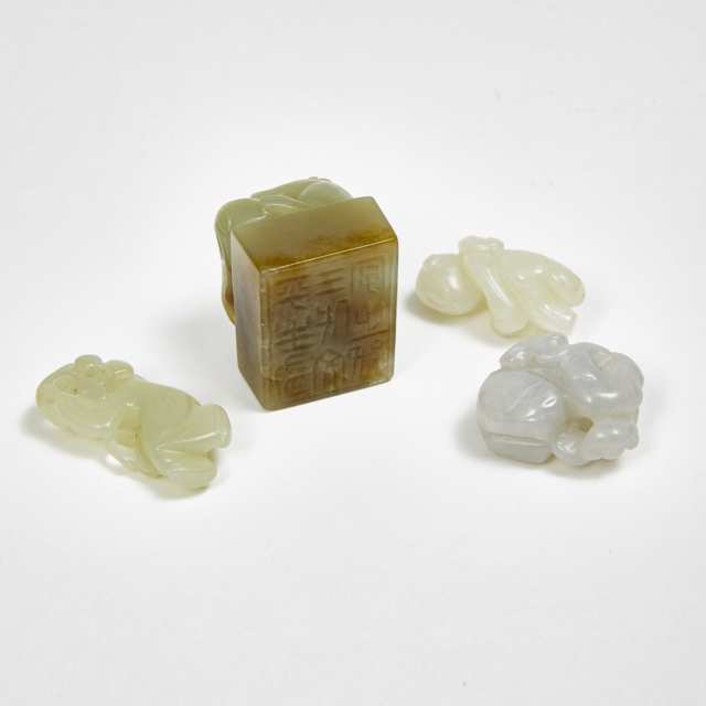 A Group of Three Jade Carved Boys, together with a 'Beast' Square Seal