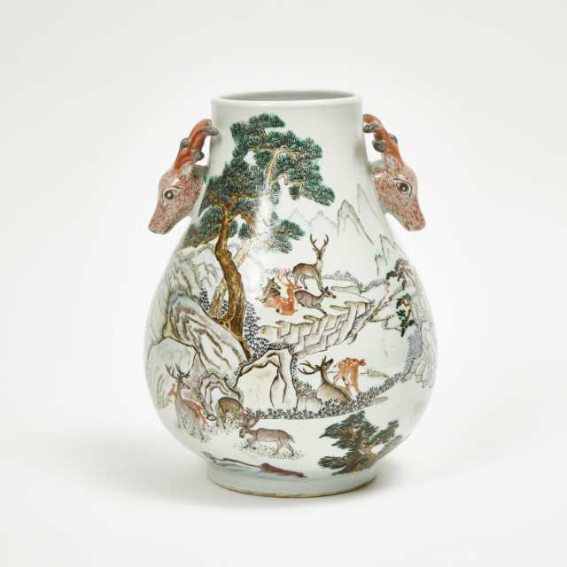 A Famille Rose ‘Deer’ Vase, Qianlong Mark, Republican Period