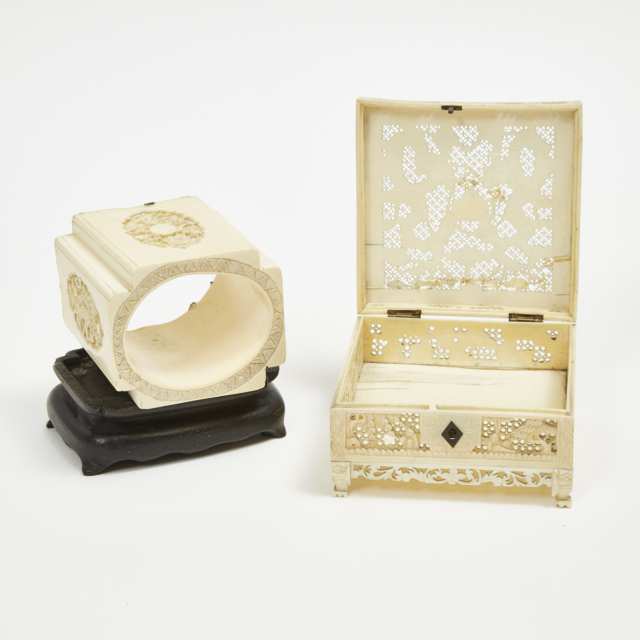 A Rectangular Ivory Carved Floral Paneled Brushpot with Stand, together with a Reticulated Ivory Jewellery Box
