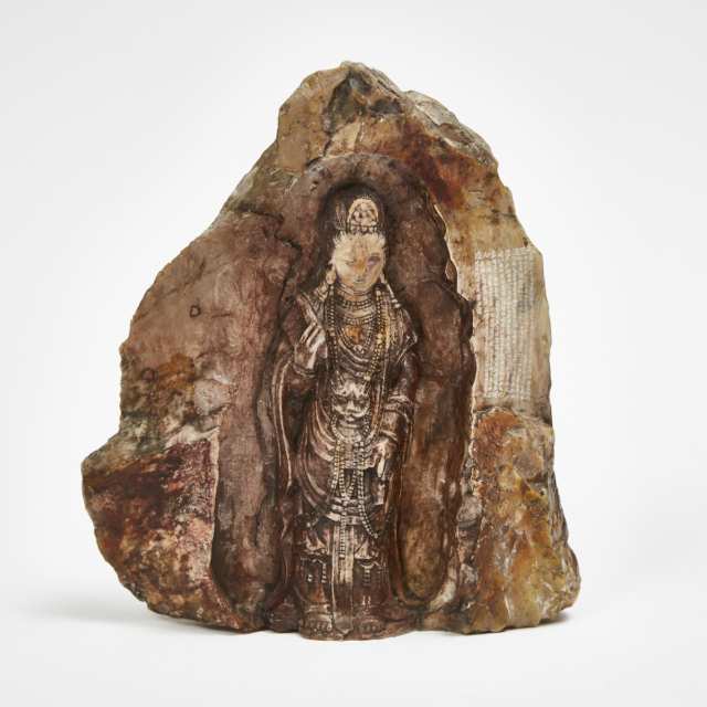 Two Soapstone Boulders of Guanyin Carved in Relief, together with an Ivorine Carved Gourd