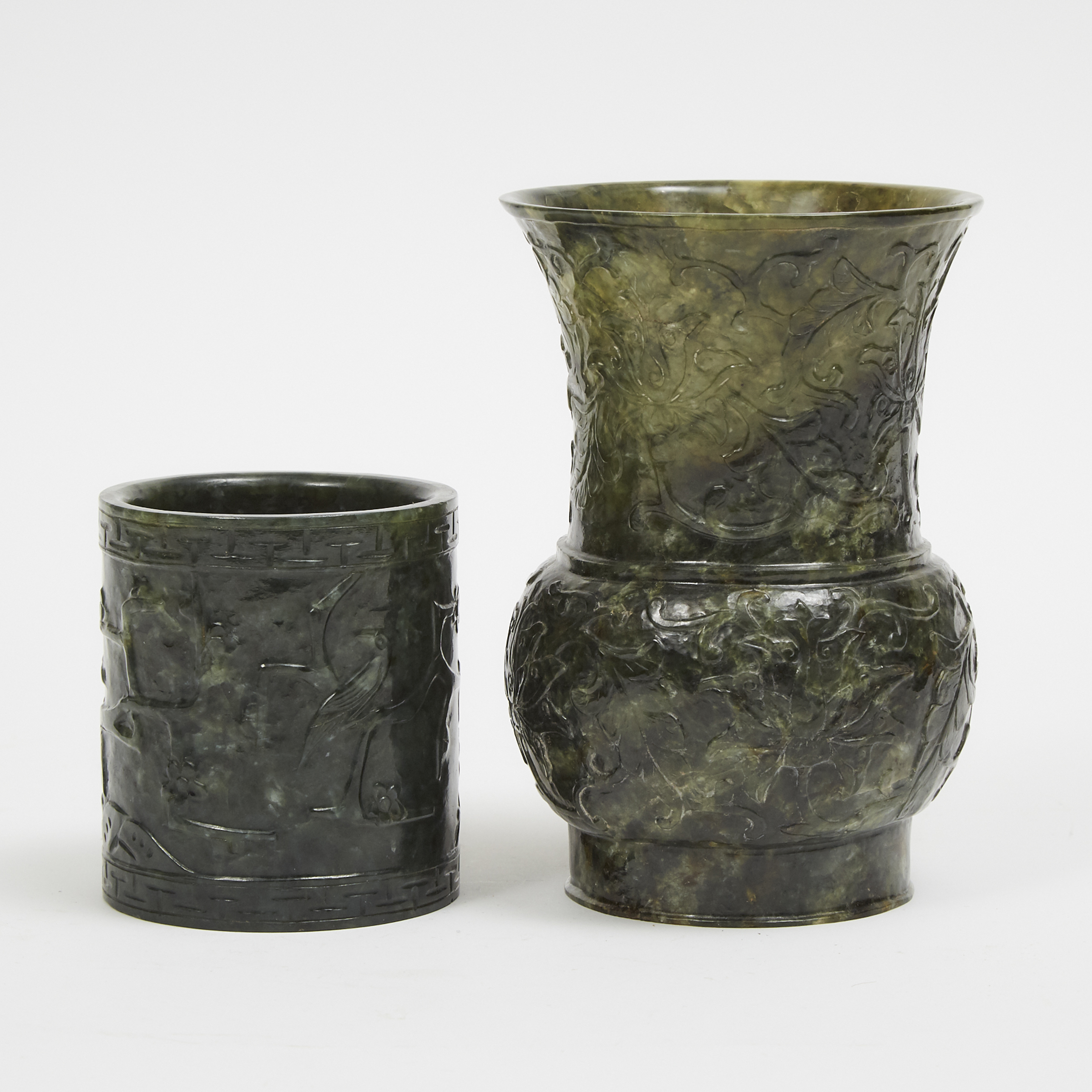 Two Spinach Jade Carvings of a Vase and a Brushpot