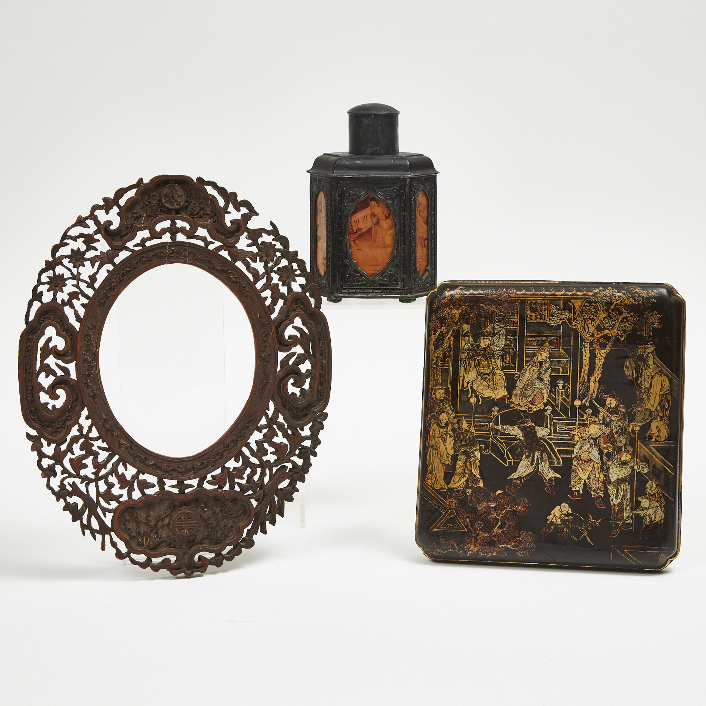 A Chinese Pewter Hexagonal Tea Caddy With Painted Panels, together with a Gilt Black Lacquer Painted Temple Panel and a Pierced Oval Wood Frame, Late Qing Dynasty