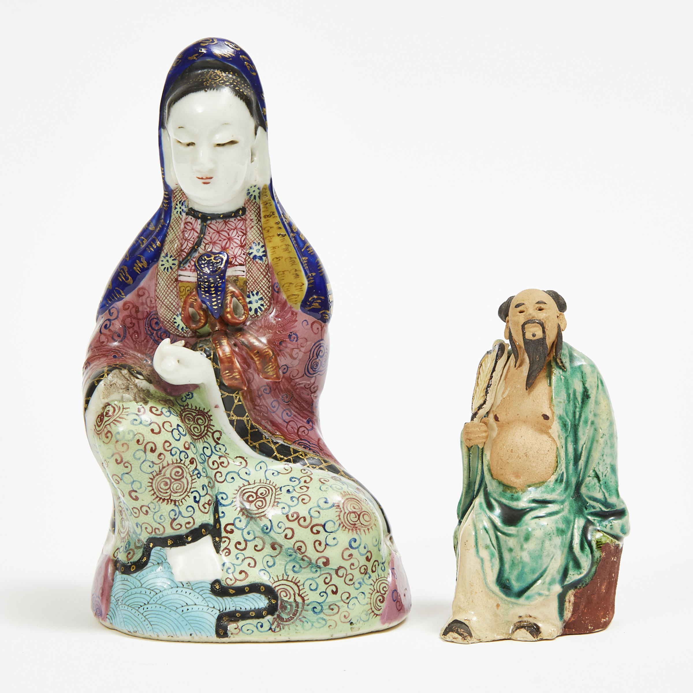 A Famille Rose Porcelain Figure of Guanyin, together with a Figure of an Immortal, Qing Dynasty and Later