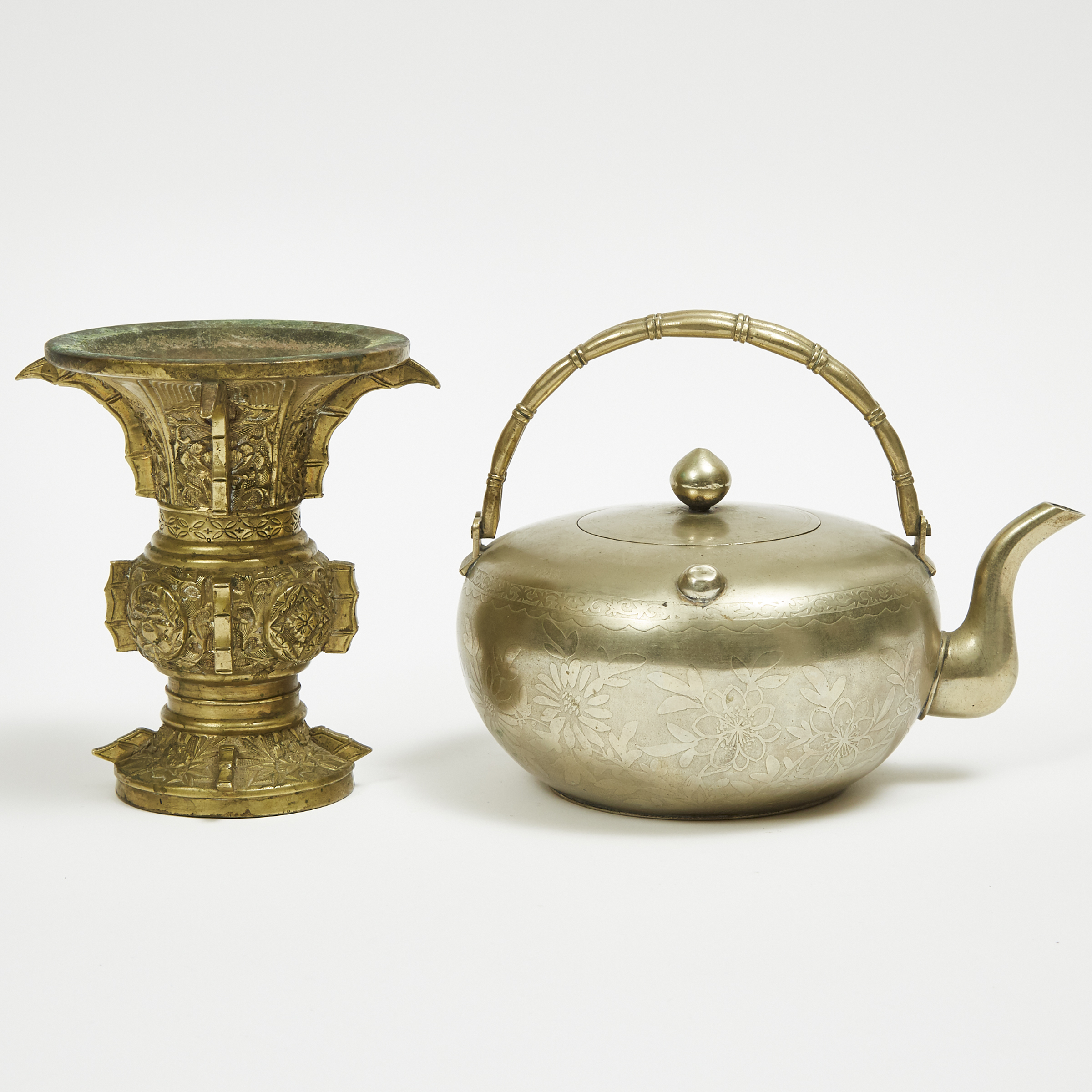 A Small Bronze 'Gu' Vase, together with a Metal Teapot with Incised Flowers and Calligraphy Decoration, 20th Century 