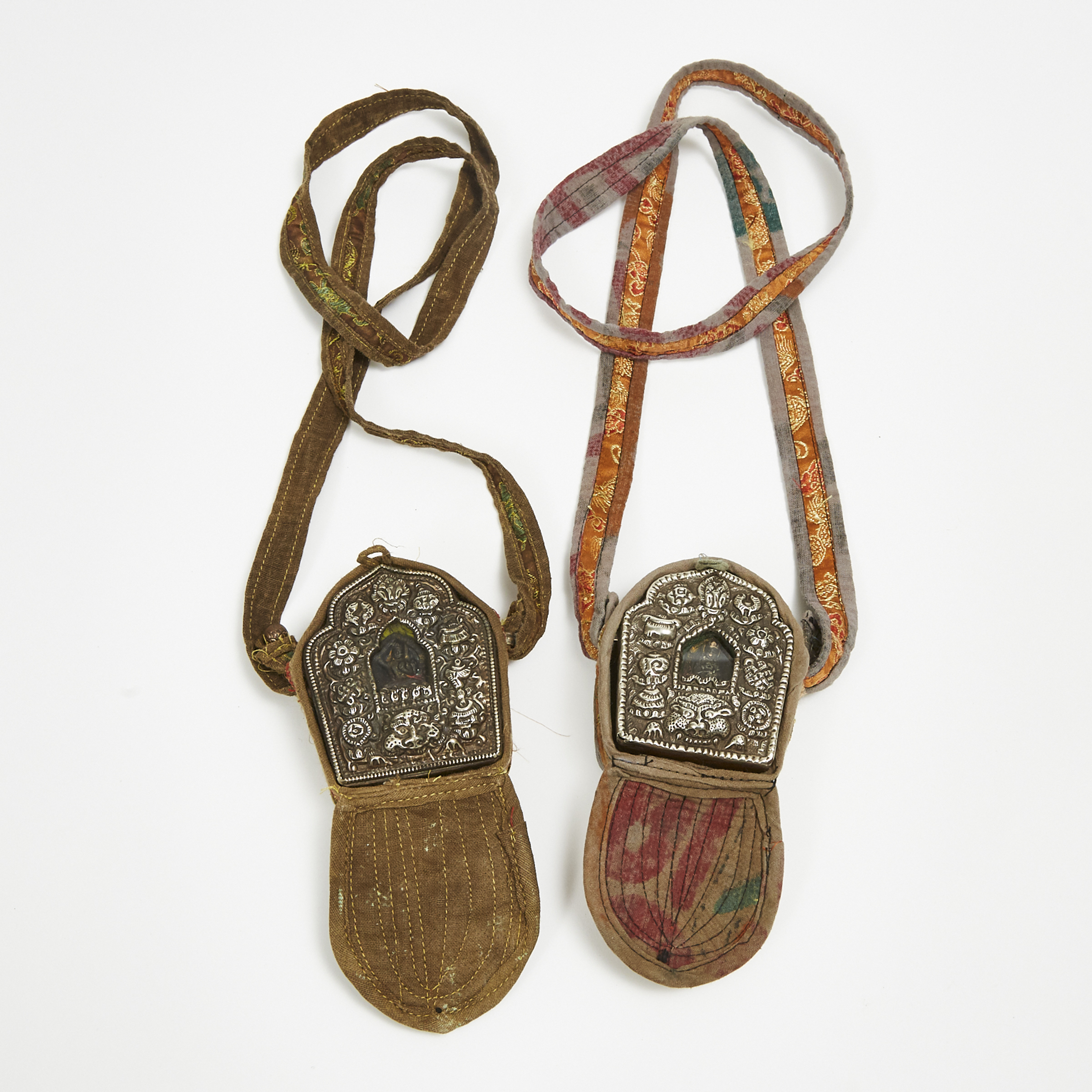 Two Tibetan Silver Traveling Shrines Encased in Textile Covers, Qing Dynasty