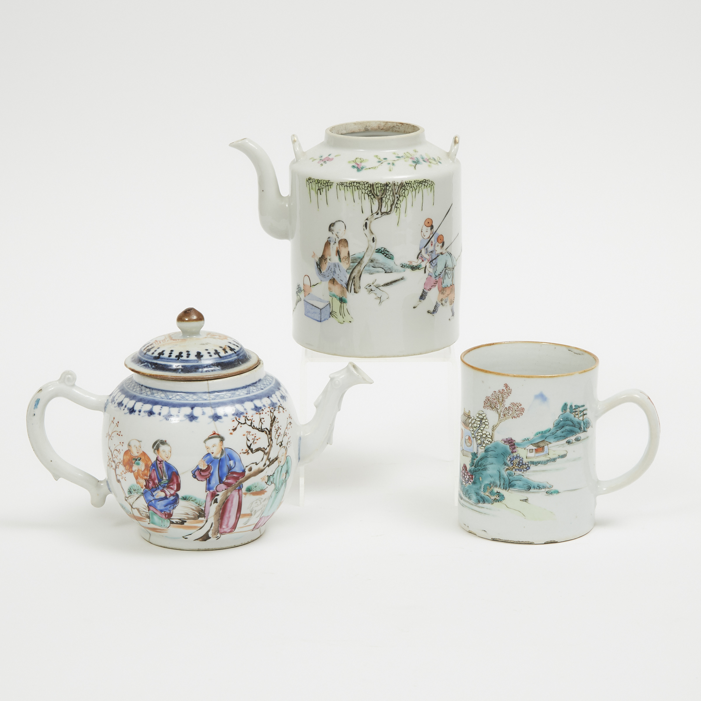 A Group of Three Chinese Export Teapots and Mug, 18th Century or Later
