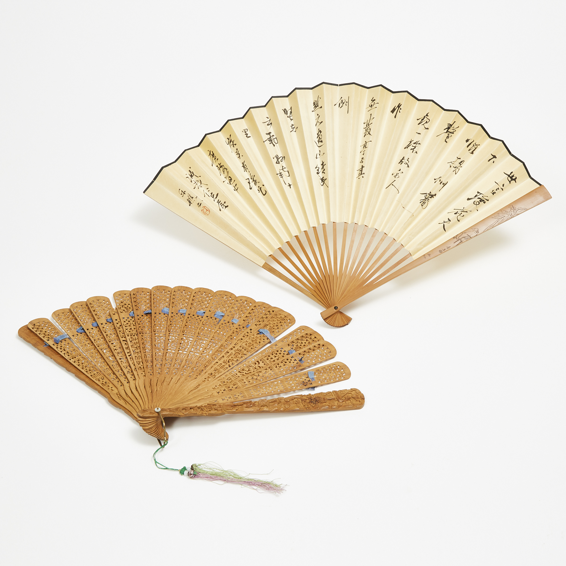A Calligraphy and River Landscape Fan Painting, together with a Carved Wood Folding Fan