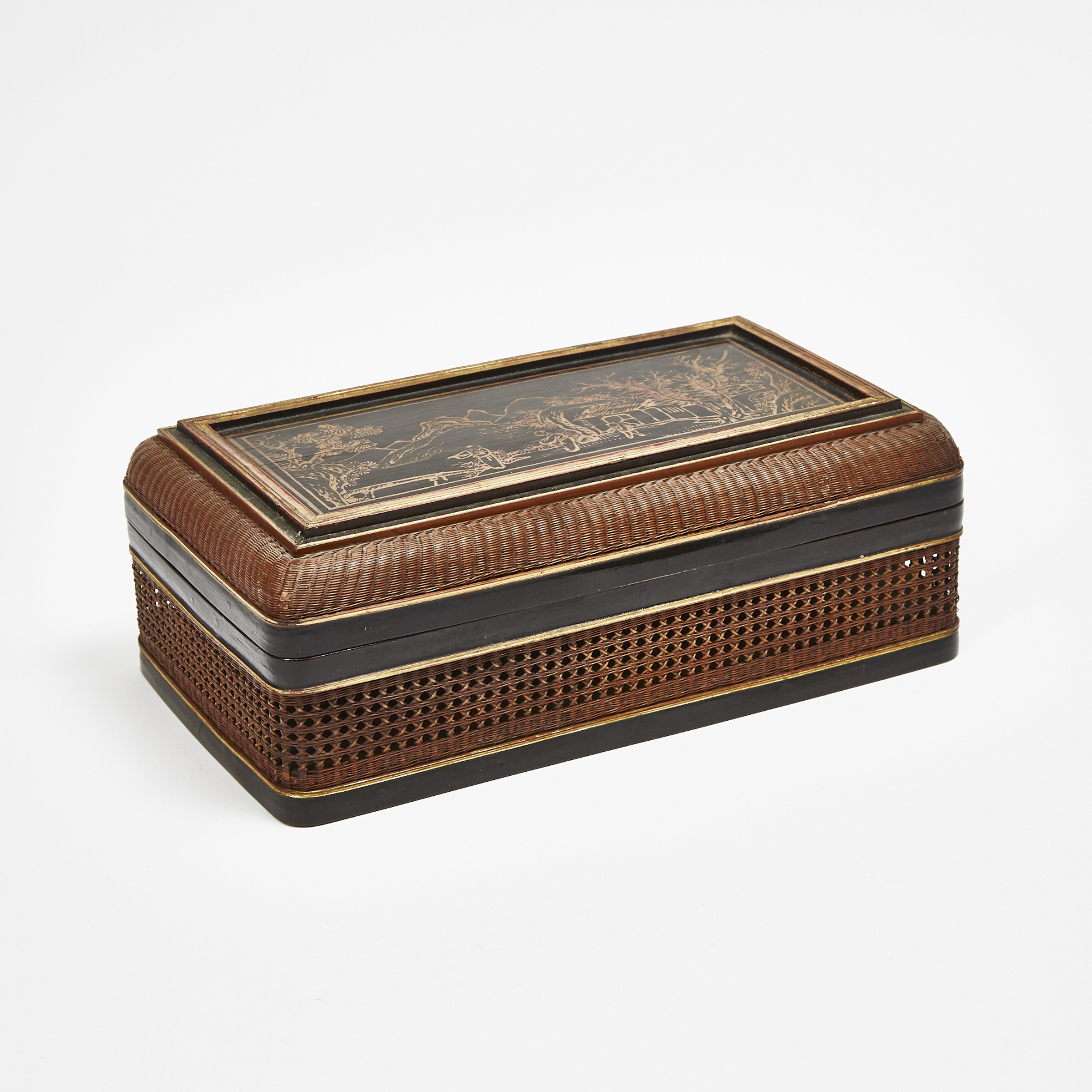 A Bamboo Woven Gilt and Black Lacquer Painted Box