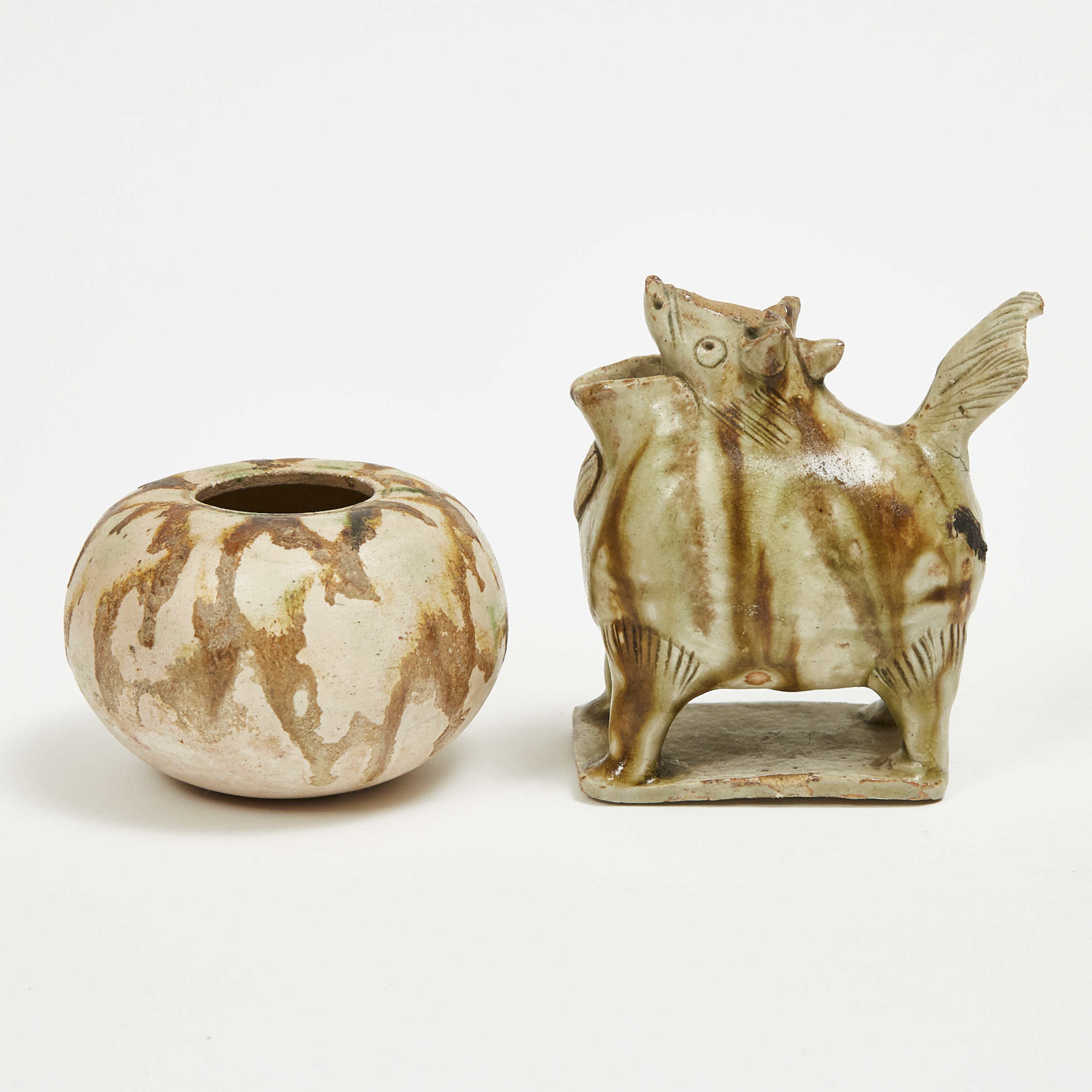 A Sancai Water Dropper and Animal Figure, Possibly Tang Dynasty