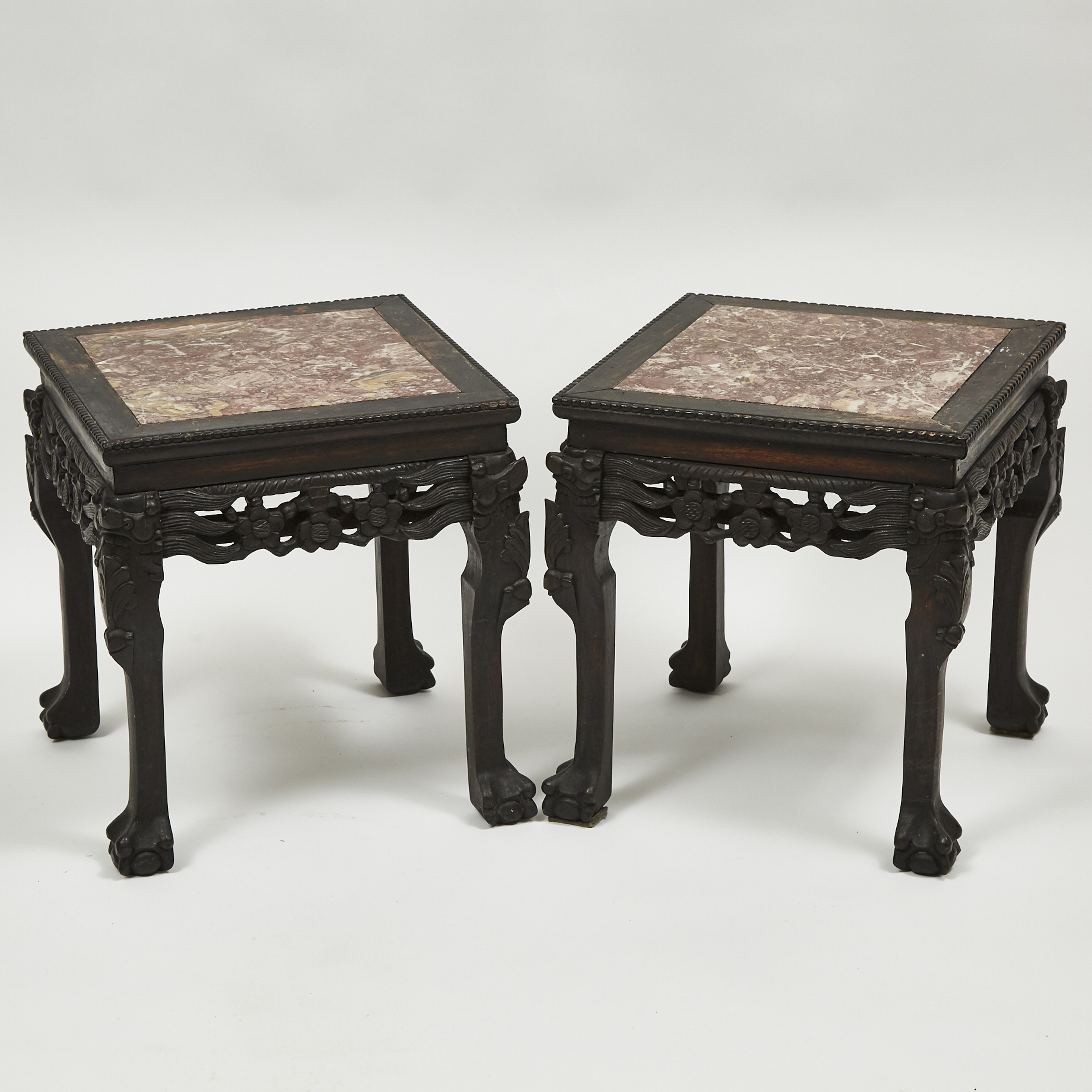 A Pair of Chinese Pink Marble Inset Square Stands