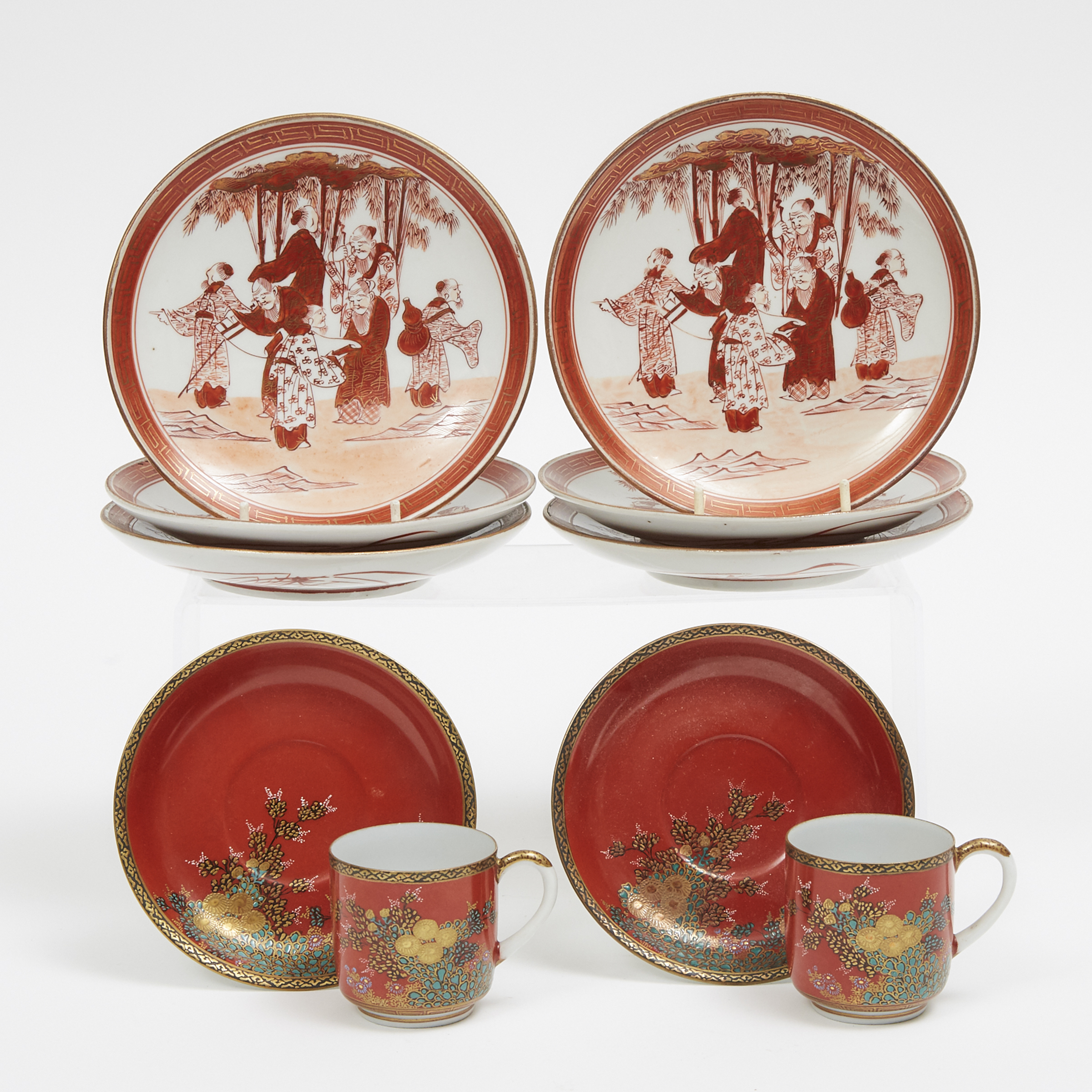 A Group of Ten Japanese Kutani and Porcelain Cups, Saucers, and Plates