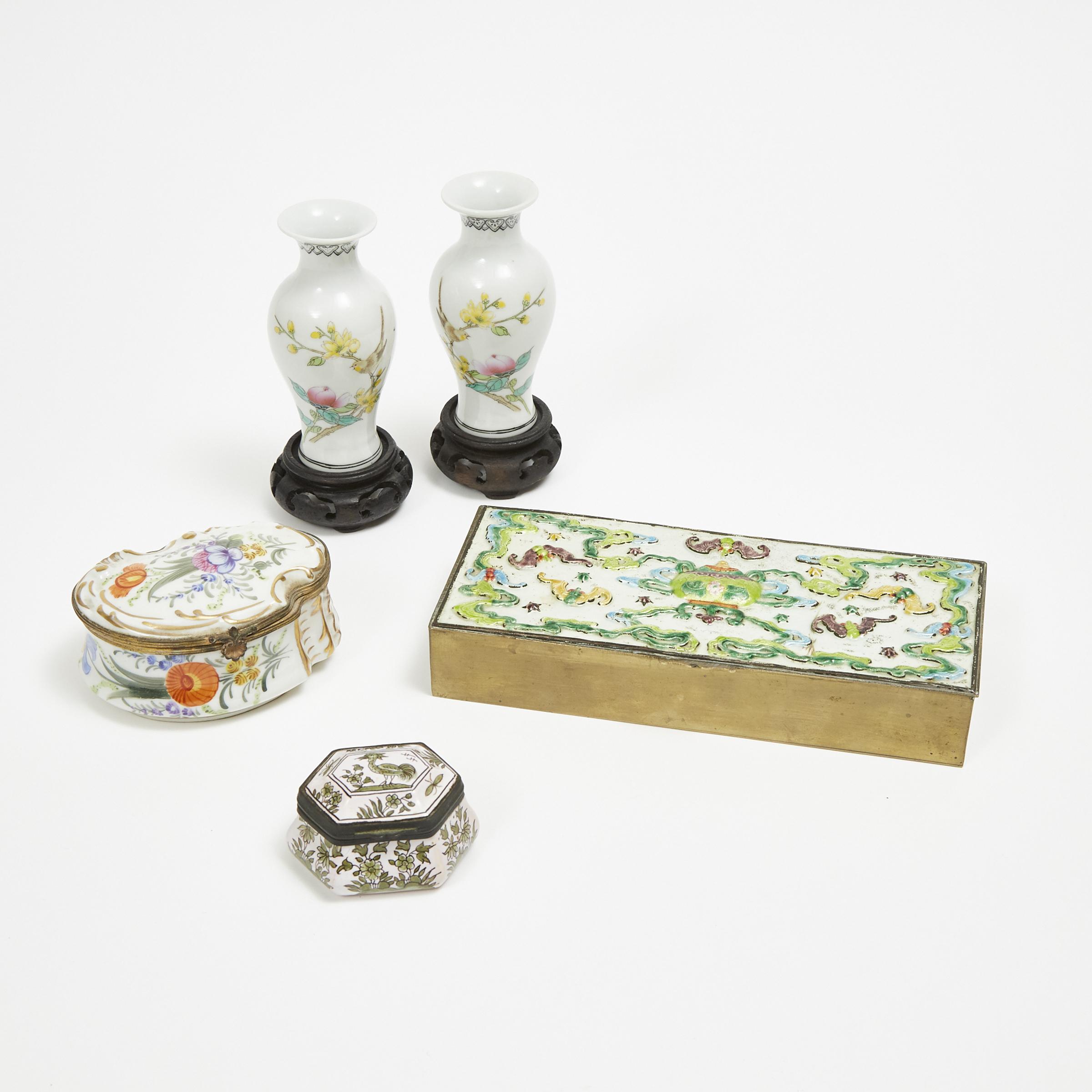 A Pair of Miniature Porcelain 'Birds and Flowers' Vases with Stands, Qianlong Mark, together with a Chinese  Enamel Box and Two European Ceramic  Boxes