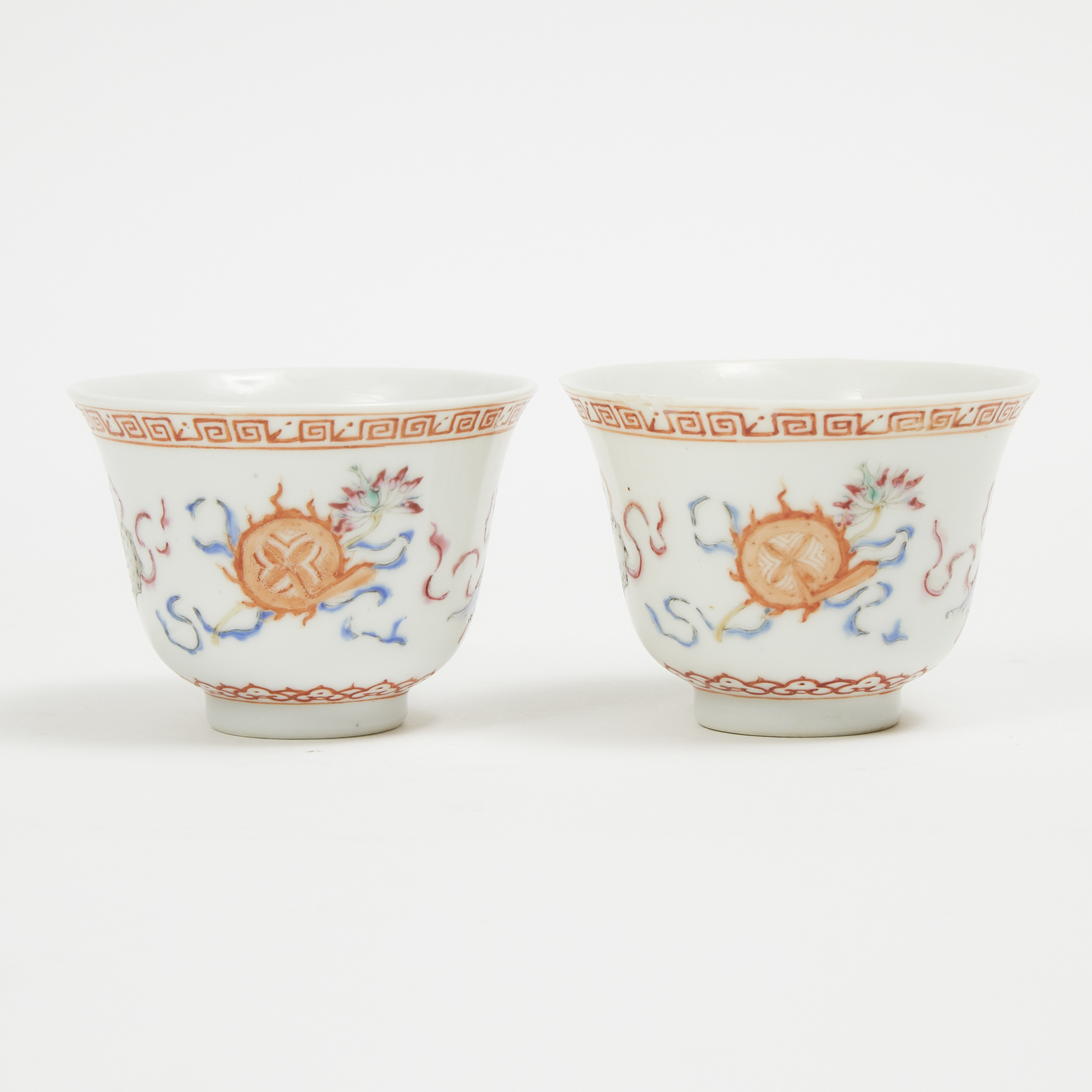 A Pair of Famille Rose Buddhist Wine Cups, 19th Century 