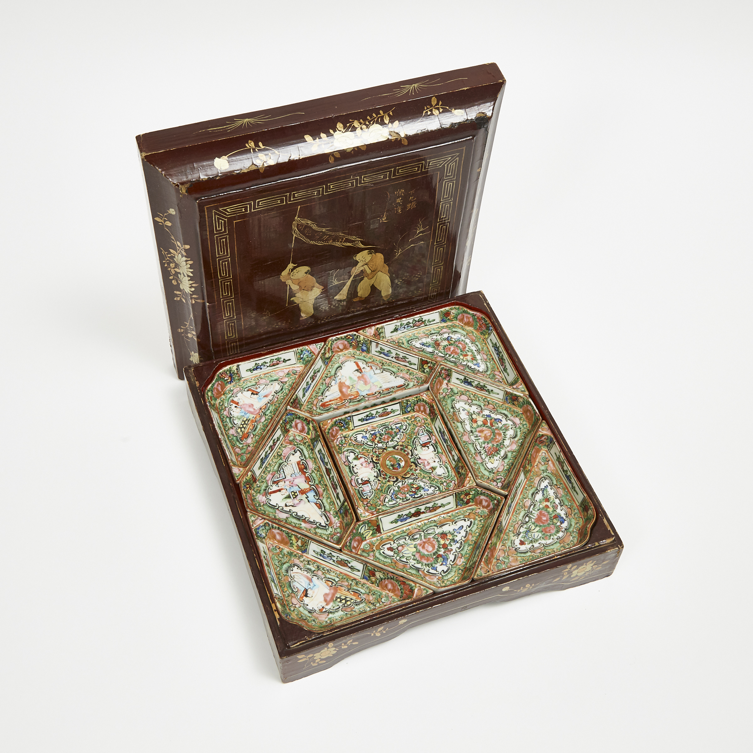 A Canton Famille Rose Sweetmeat Set with a Lacquer Storage Box and Cover, 19th Century