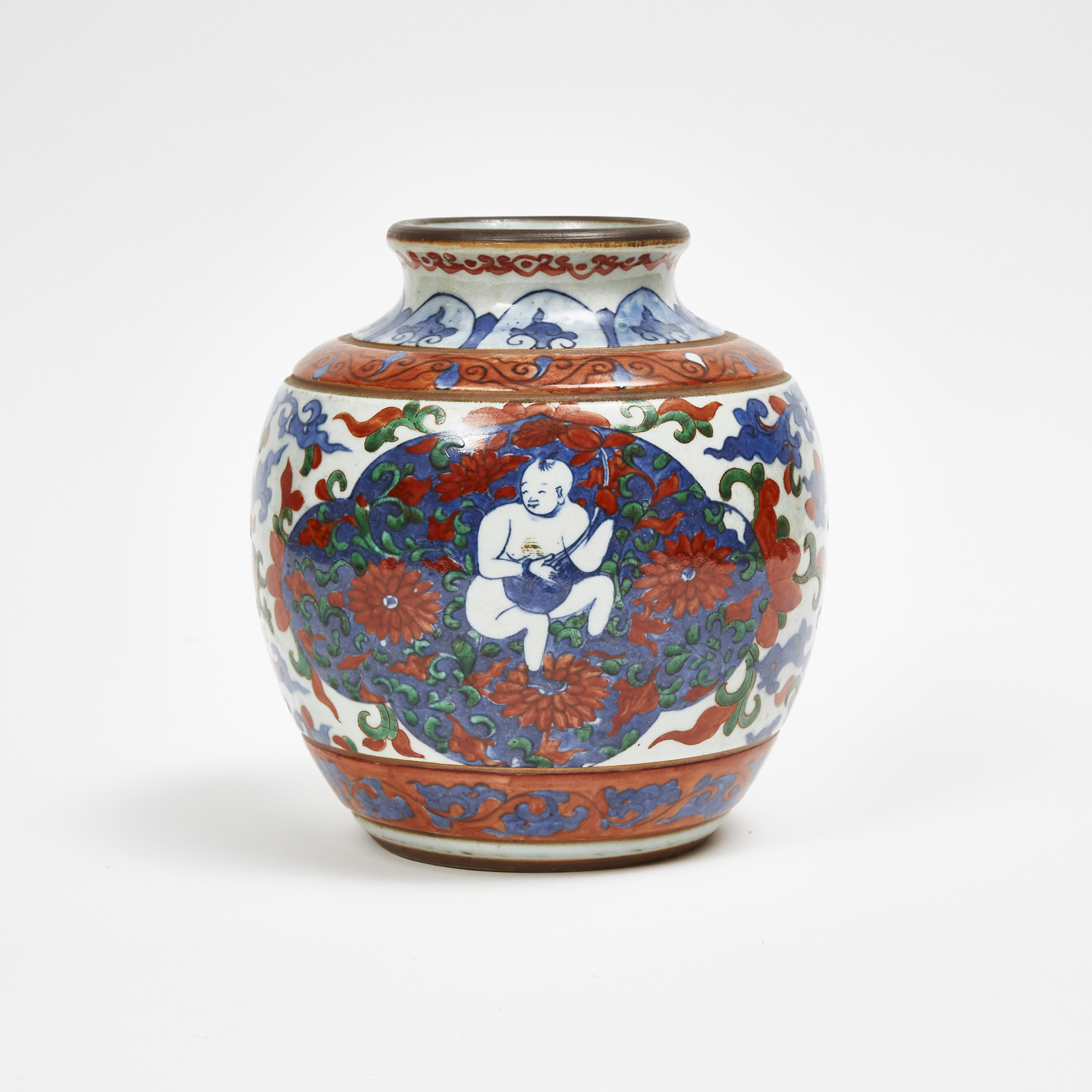 A Blue and White with Enamel Porcelain 'Boys' Vase, Qing Dynasty 
