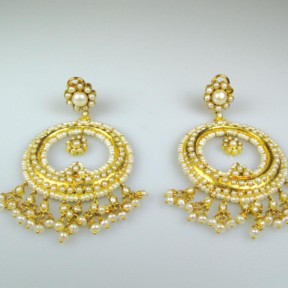 Pair of 22k yellow gold and various pearl hanging hoop and fringe earrings