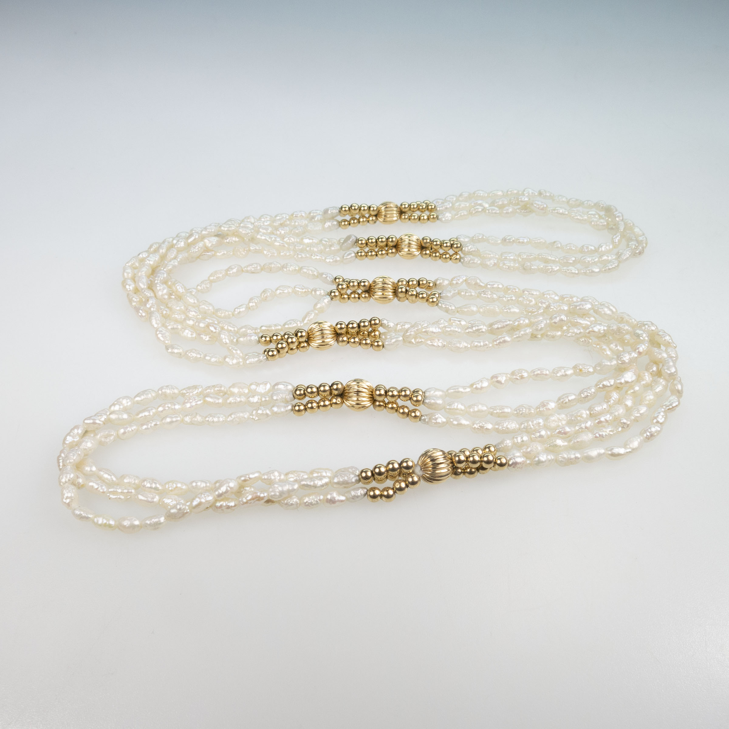 Endless Triple Strand Freshwater Pearl And 14k Gold Bead Necklace