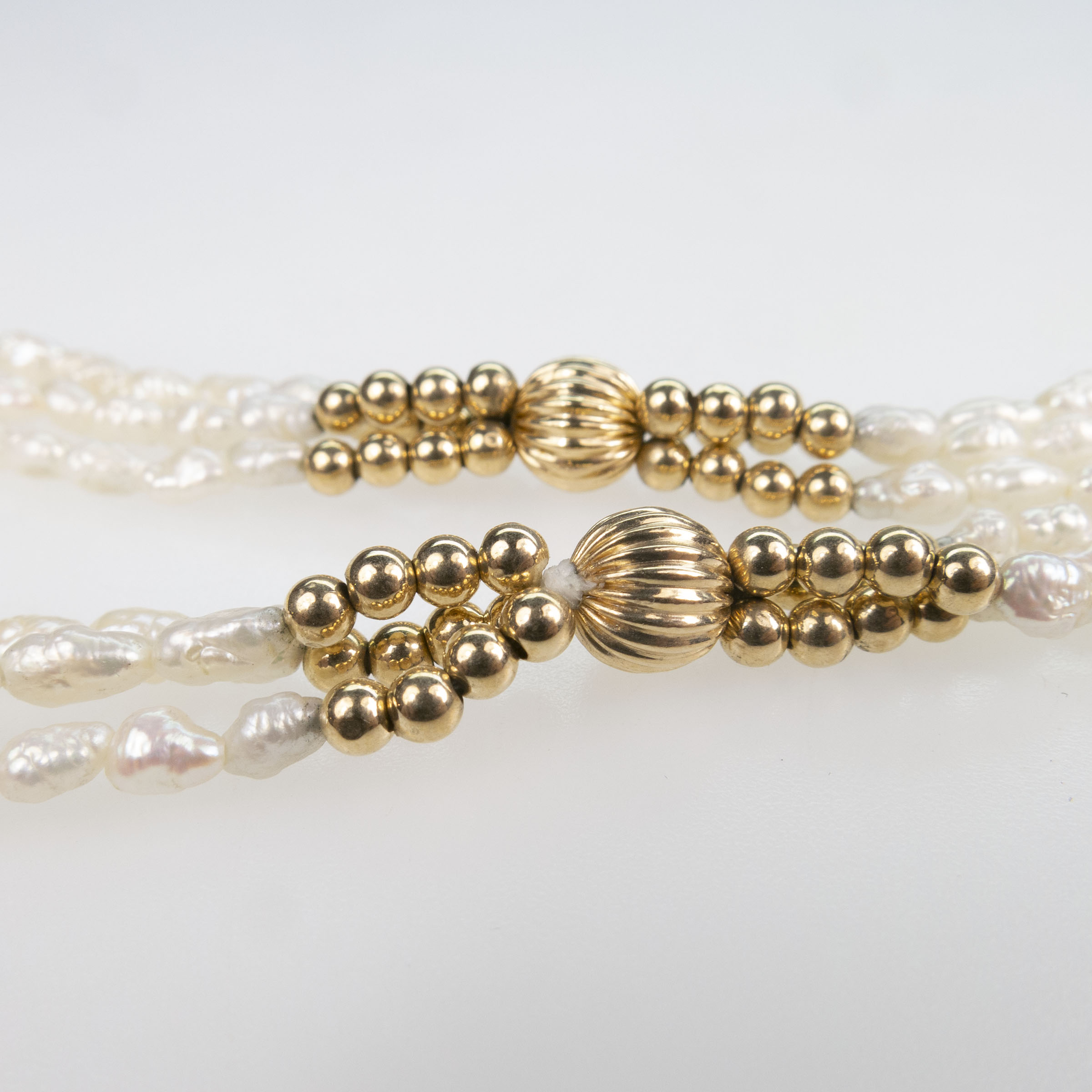 Endless Triple Strand Freshwater Pearl And 14k Gold Bead Necklace