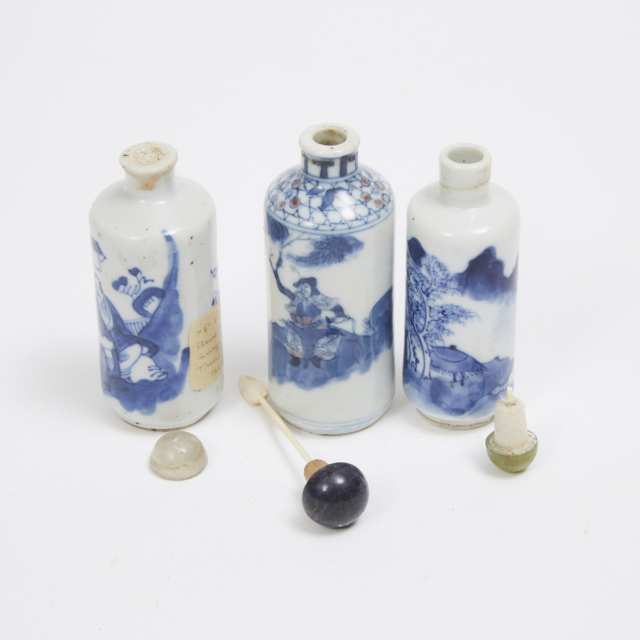 A Group of Three Underglaze Porcelain Snuff Bottles, 19th Century