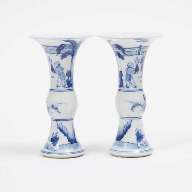 A Pair of Small Blue and White 'Gu' Vases