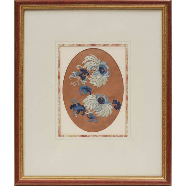 A Pair of Framed Silk Embroideries of Chrysanthemums, 19th Century