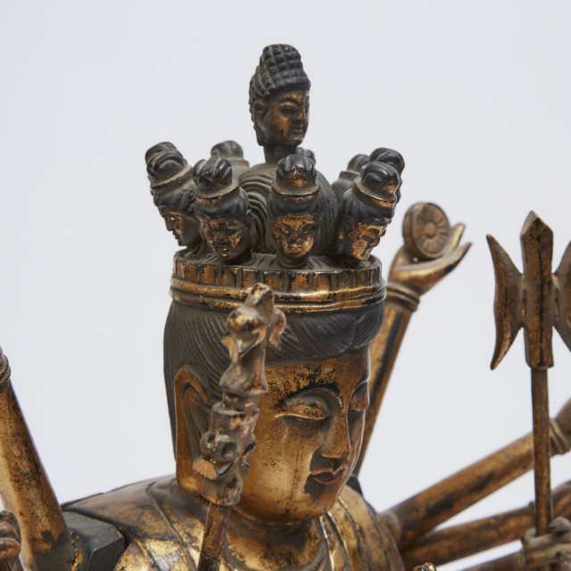 A Japanese Gilt Wood Figure of a Multi-Armed Bodhisattva, Senju Kannon, Late 19th/Early 20th Century