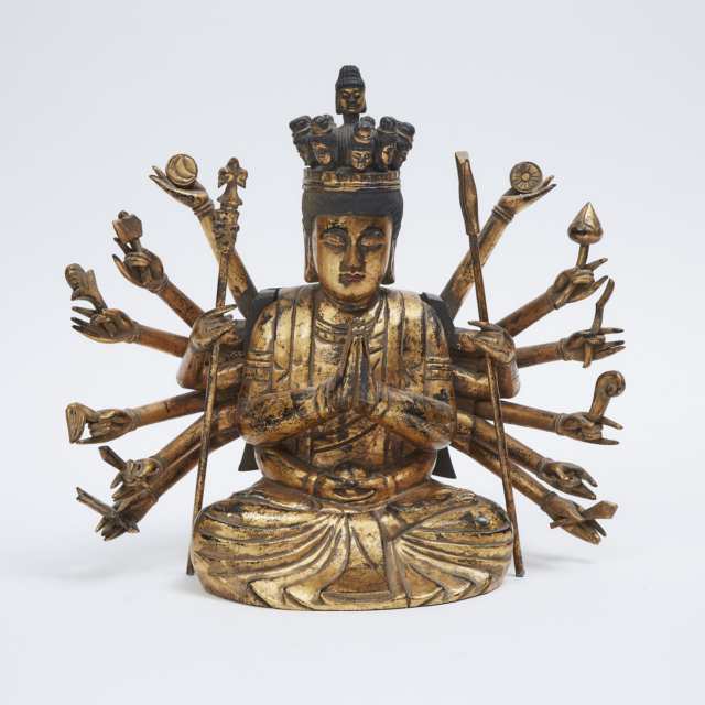A Japanese Gilt Wood Figure of a Multi-Armed Bodhisattva, Senju Kannon, Late 19th/Early 20th Century