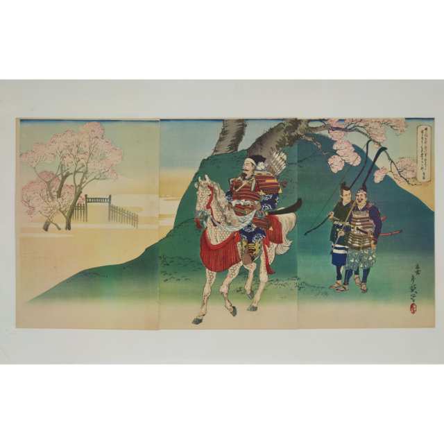 Toshihide Migata (1863-1925), General Minamoto no Yoshiie on Horseback, together with Two Woodblock Prints by Jiro Takeuchi