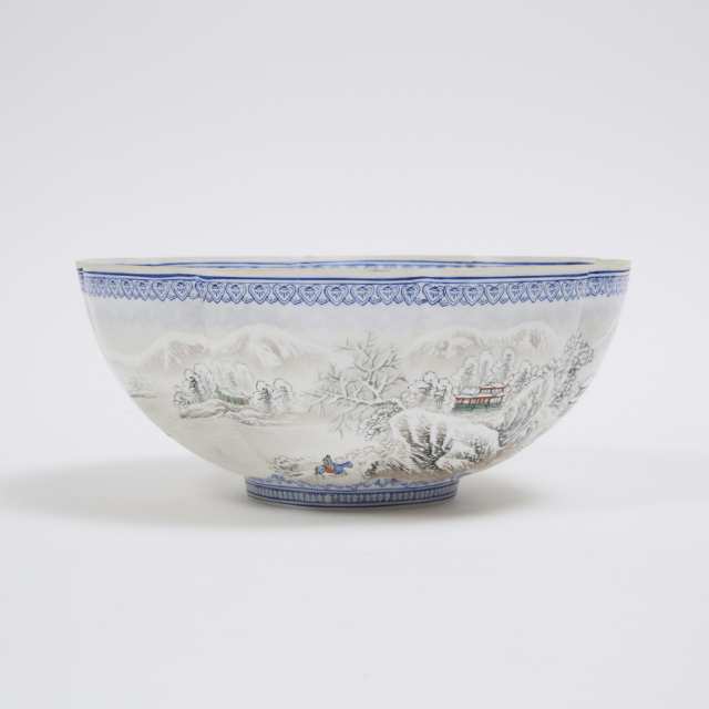 A Finely Painted 'Winter Landscape' Lobed Eggshell Porcelain Bowl, Mid-20th Century