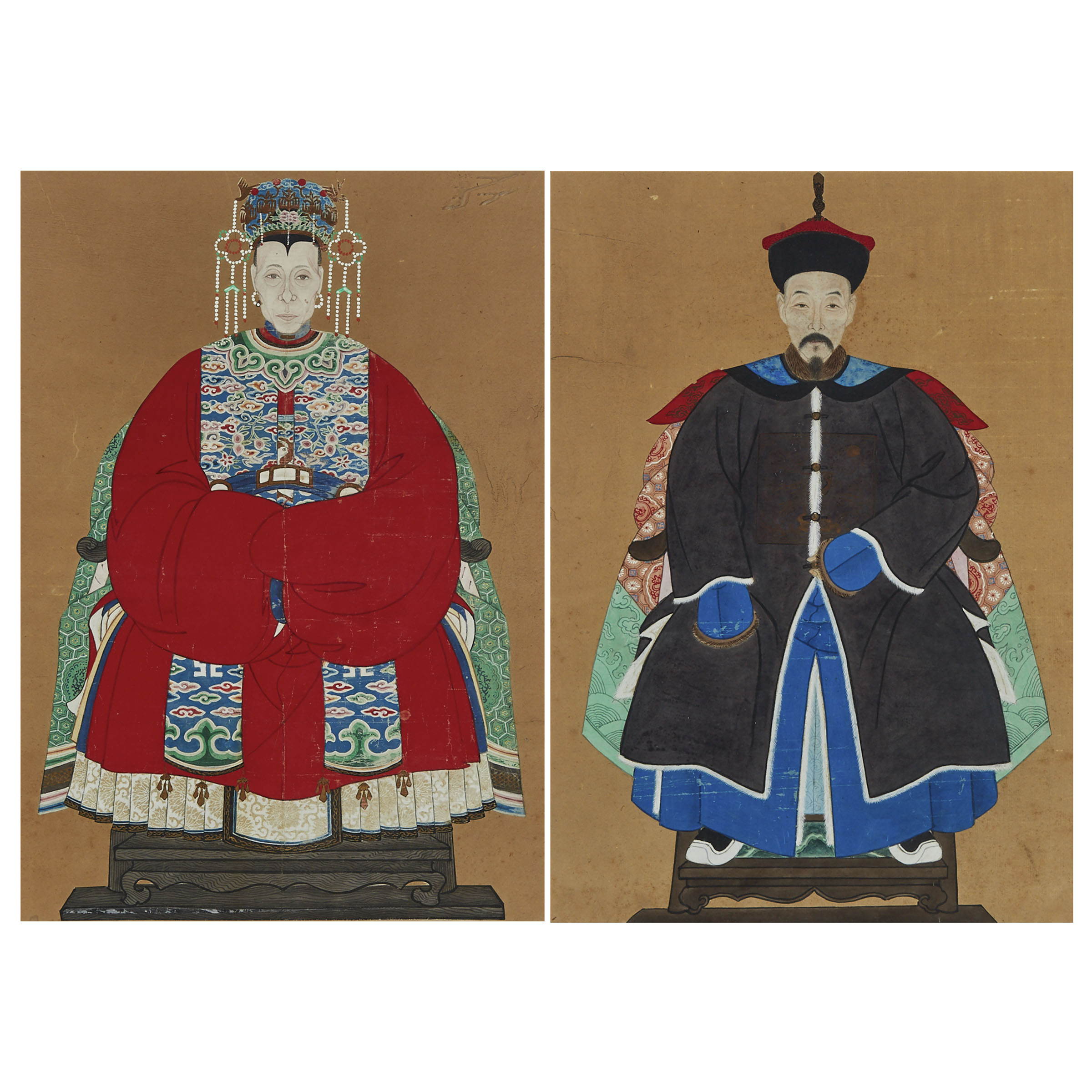 A Pair of Chinese Ancestor Portraits, 19th Century