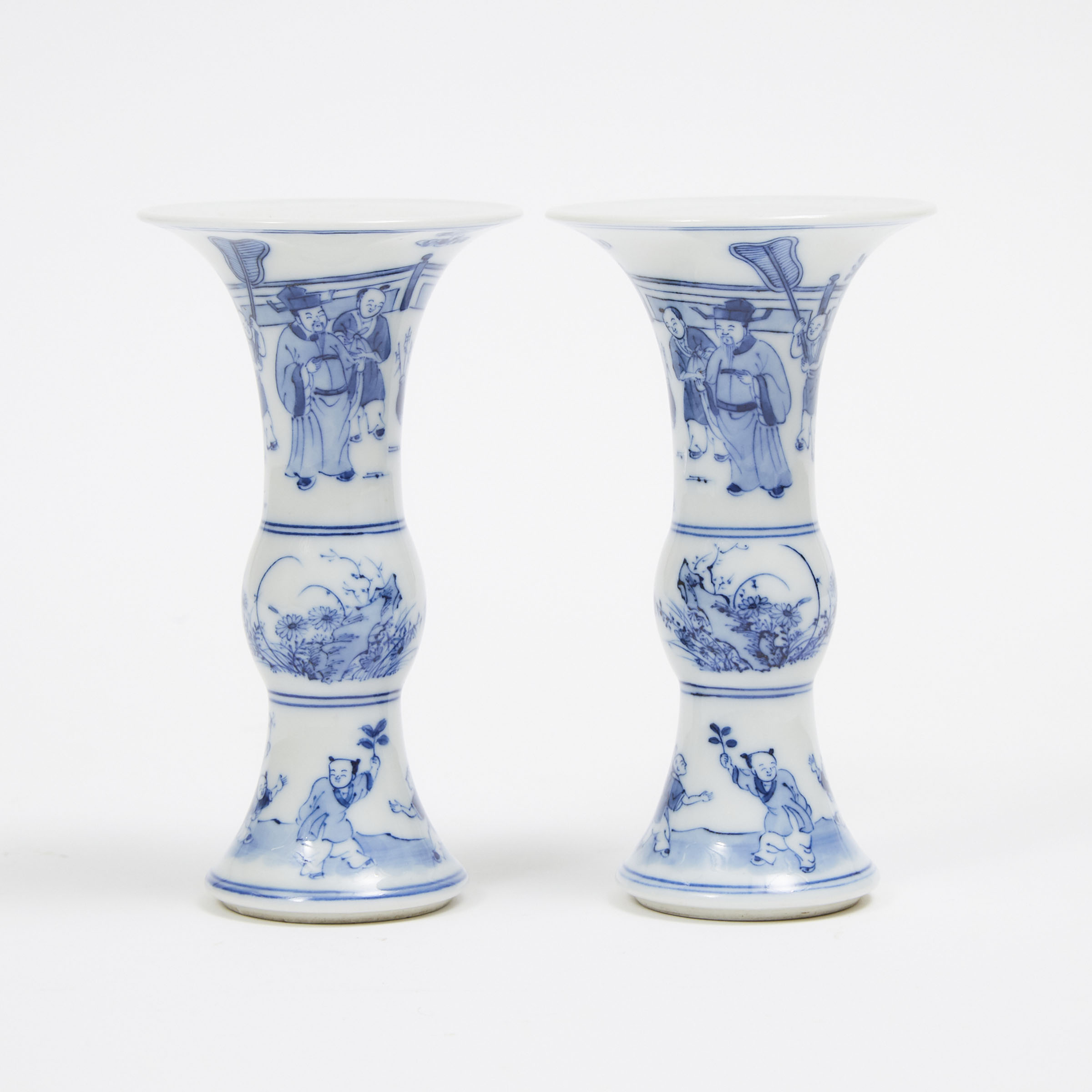 A Pair of Small Blue and White 'Gu' Vases